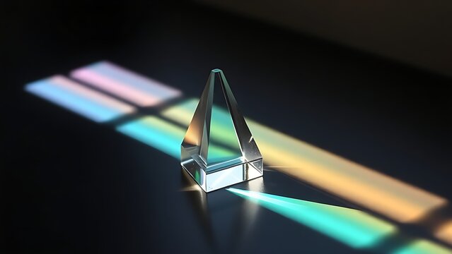 rockwell. Clear glass prism refracting rainbow light spectrum on dark surface. STEM education sheets, lab safety posters, designed for biotech research communications, used by data analysts.