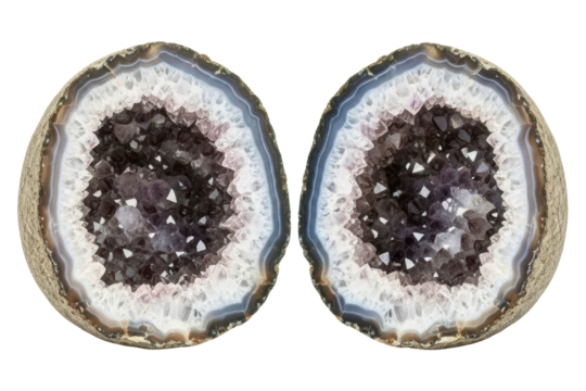 Split natural amethyst geode showing a cross-section of crystals on a transparent background