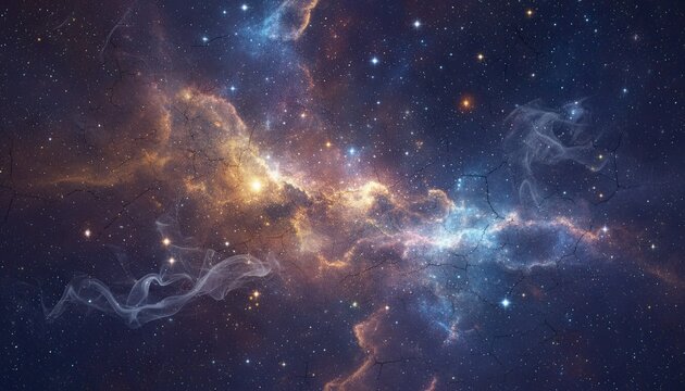 Vast Cosmic Nebula With Gaseous Clouds And Distant Stars In Deep Space With Orange And Blue Hues