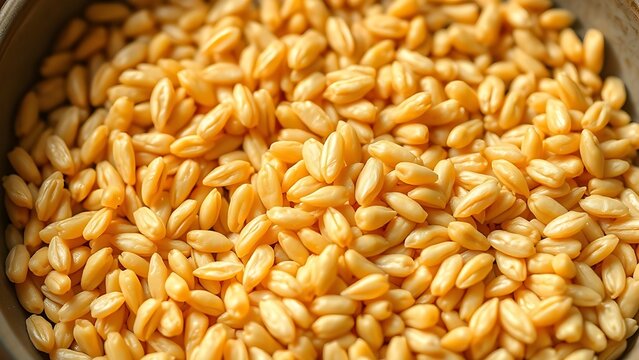 kamut. Close-up of a bowl containing cooked grains, highlighting their elongated shape. menu design, packaging mockups, designed for culinary blogs and recipe cards for restaurants.