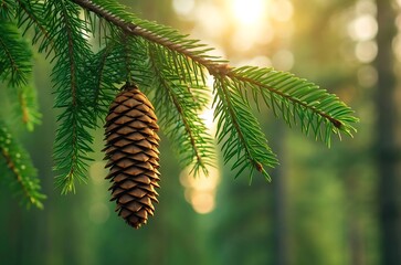 Close up of a pine cone hanging from a green fir tree branch in sunlight