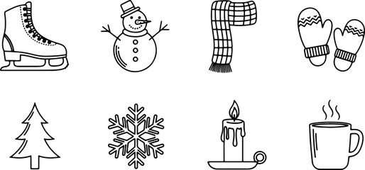 Delightful winter vibes with skating, snowman, scarf, and festive icons for cozy holiday cheer, originally vector for perfect scaling and crisp lines