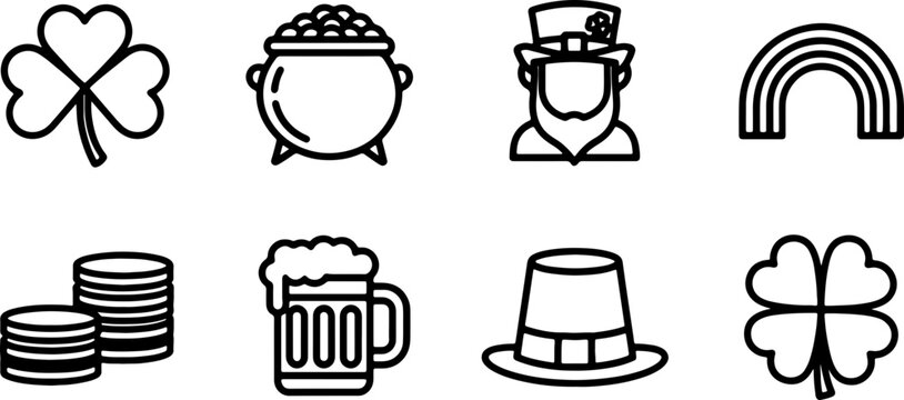 Celebrate St Patrick's Day with a delightful collection of icons including shamrocks, leprechauns, pots of gold, rainbows, beer and Irish cheer