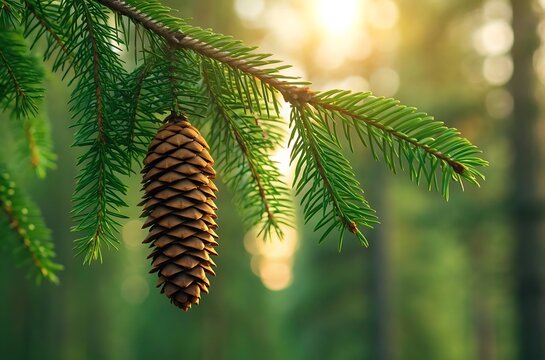 Close up of a pine cone hanging from a green fir tree branch in sunlight