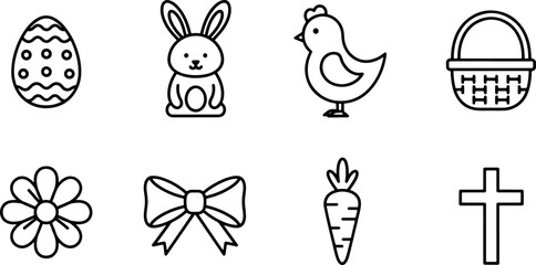 Festive Easter icons for springtime celebrations and family fun, with bunny, egg, chick, flower, basket, carrot, cross, and bow, ready for your design projects
