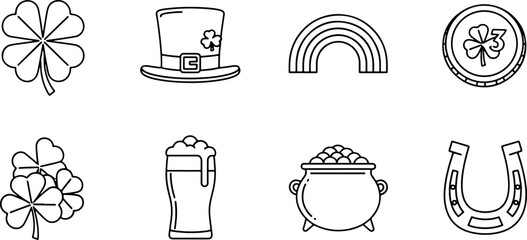 Celebrate St Patrick's Day with lucky clovers, leprechaun hats, rainbows, gold coins, beer, pot of gold and horseshoes for festive fun and good fortune