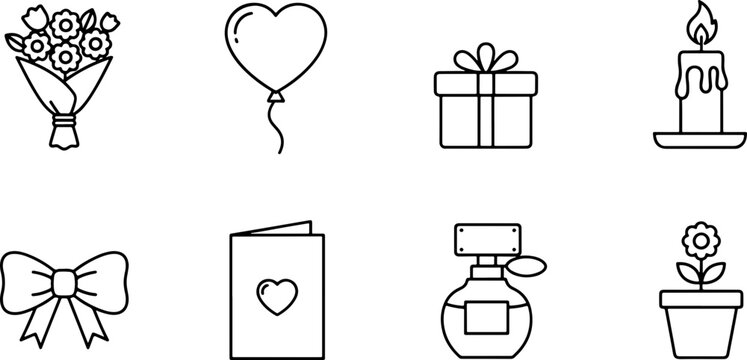 Charming line art collection perfect for greeting cards and invitations with a romantic bouquet, heart balloon, and elegant perfume bottle for unforgettable celebrations