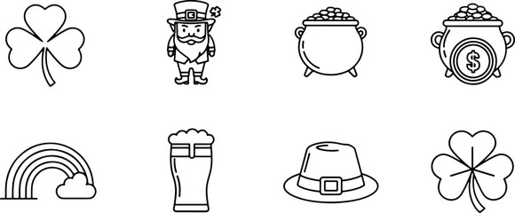 Celebrate St Patrick's Day with charming line art icons, a delightful design element perfect for festive cards, invitations, and themed promotions. Irish charm!