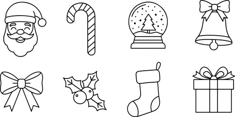 Festive Christmas cheer with Santa, candy cane, snow globe, bell, bow, holly, stocking, and gift, perfect for holiday greetings and seasonal designs