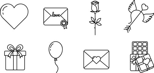 Celebrate love with delightful icons for Valentine's Day projects or romantic designs, featuring a heart, rose, cupid, and heartfelt gifts