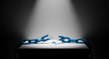 Broken chain symbolizes freedom, independence, and liberation, captured in dramatic spotlight. Broken chain as a metaphor for overcoming restrictions and asserting autonomy.
