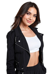 Portrait of Stylish Young Woman in Black Jacket, White Crop Top, and Black Pants, isolated, transparent background, no background. PNG.