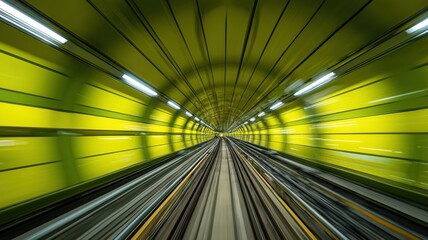 Dynamic motion blur scene view from underground subway train speeding in tunnel with glowing neon lights