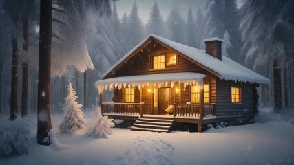 Cozy cabin in a snowy winter forest - Powered by Adobe