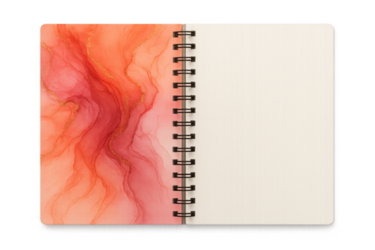 Open spiral notebook showing blank pages and a red gold abstract marble cover. Perfect for notes, journaling, and design elements
