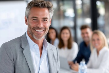 Confident business leader presents to team during meeting in modern office environment