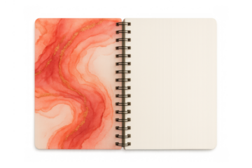 Open spiral notebook with red and gold abstract ink art cover, blank pages, transparent background, copy space