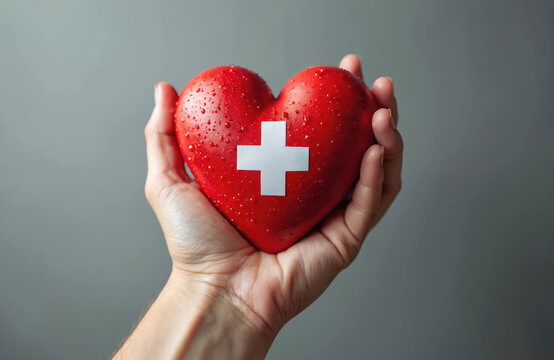 Hand holding red heart with medical cross symbol. Blood donation, healthcare concept. Volunteer giving life aid support. Donate to save life. Medical care, transplantation. Humanitarian service - Powered by Adobe