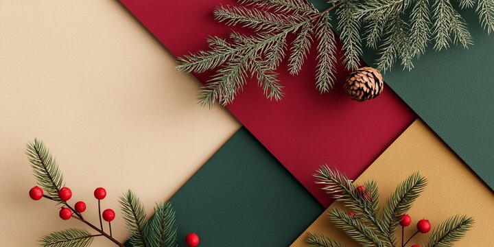 A striking geometric flat lay composition featuring sections of solid Christmas colors (e.g., deep forest green, rich crimson red, warm gold) arranged in a dynamic, clean pattern.