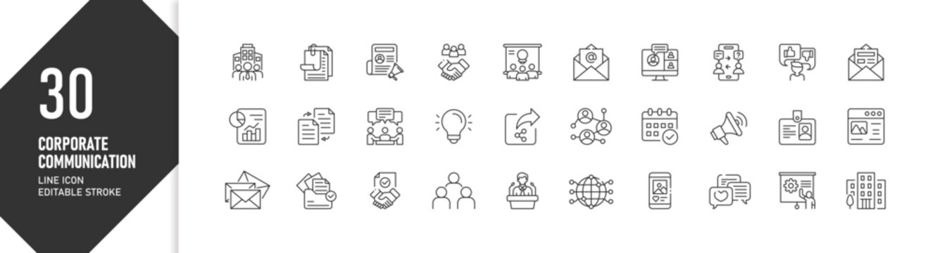 30 Corporate Communication Line Icons Vector Illustration Set &mdash; Business, Office, and Team Messaging Symbols