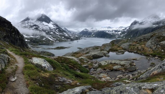 Mountain vista trail to lake, rocky peaks, cloudy sky