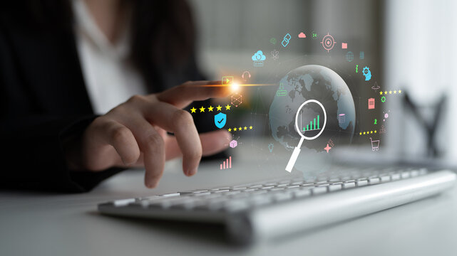 A concept of global market analysis and e-commerce business growth. Researching worldwide trends, sales data, and customer ratings for success. Motif