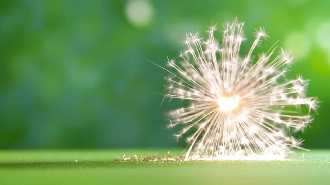 Dandelion Sparkle: Capturing the ethereal beauty of a dandelion seed head illuminated by a single sparkler, showcasing nature's delicate design with vibrant green bokeh.