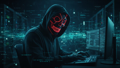 Scary red skull mask and hoodie hacker with some tech wave line background. Cybercrime anonymous Threat