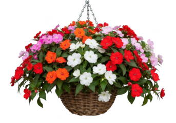 Vibrant hanging basket overflowing with a colorful assortment of blooming flowers isolated on transparent background