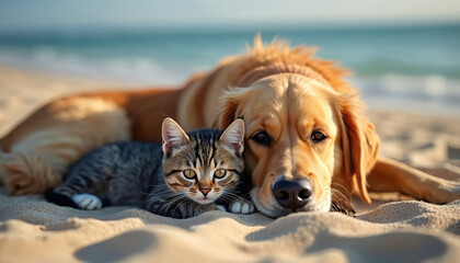 Golden retriever dog and tabby cat rest on sandy beach near blue ocean water. Pets lie together on warm shore under sunny sky. Animals relax close, enjoy peaceful summer day outdoor.