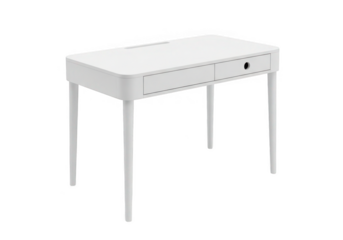 Modern white dressing table with two drawers and elegant tapered legs isolated on transparent background