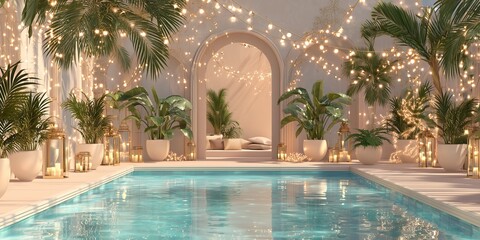 A luxurious and vibrant interior scene, transformed for a New Year's Eve celebration. The central element is a sparkling, illuminated swimming pool, surrounded by elegantly placed potted palm trees  