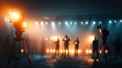 Two cameras on tripods illuminating a stage with people in silhouette. Backlight