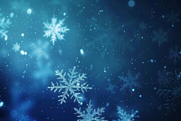 Winter Christmas title with icy text, drifting snowflakes, soft blue light glows