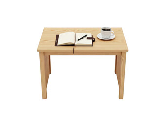Fototapeta premium Wooden desk with open notebook pen and coffee cup isolated on transparent background