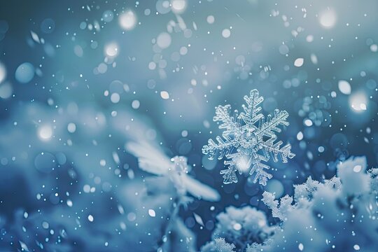 Winter Christmas title with icy text, drifting snowflakes, soft blue light glows