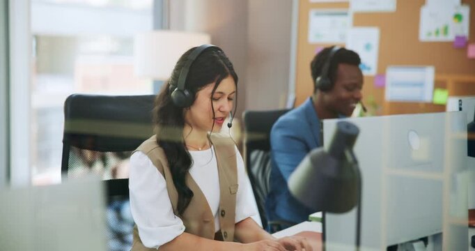 Woman, communication or telemarketing in office with computer, life insurance sale or financial service. Person, talk and coworking with desktop for lead generation, market survey or typing feedback.