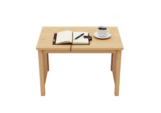 Wooden desk with open notebook pen and coffee cup isolated on transparent background