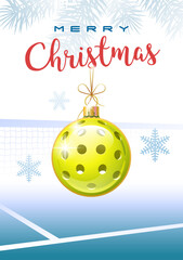 Merry Christmas. Sports greeting card. Realistic pickleball ball in the shape of a Christmas ball. Vector illustration.