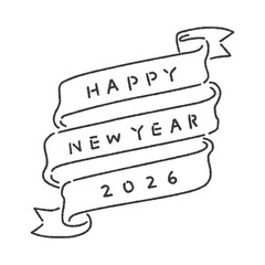手書きのhappy new year 2026の文字とリボンの黒い線画 - 新年の賀詞と西暦の装飾