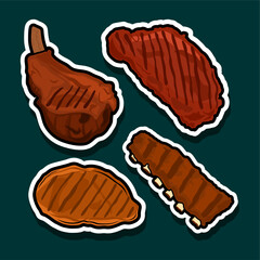 Grilled meat pieces, stickers for menu, barbecue, and food art.