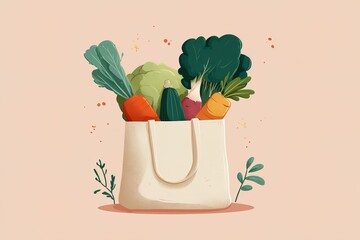 flat illustration canvas tote bag is filled with various fresh vegetables, including broccoli, carrots, and leafy greens. This display highlights the importance of healthy eating