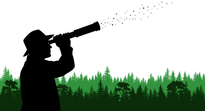Visionary explorer with telescope spotting distant opportunities amidst a lush, vibrant forest landscape