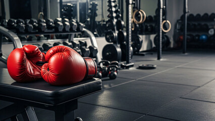 Boxing Gloves Resting on a Gym Bench.