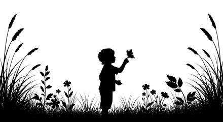 Young child's silhouette gently touches a butterfly in a whimsical meadow filled with wild grasses and delicate flowers
