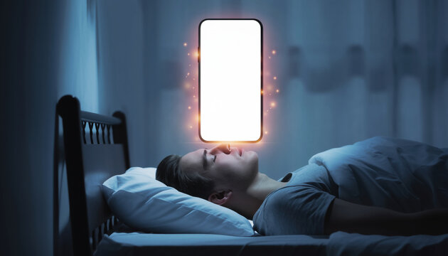 Glowing smartphone floating above sleeping man head. surreal metaphor for digital addiction and technology causing anxiety, stress, and insomnia from constant connection