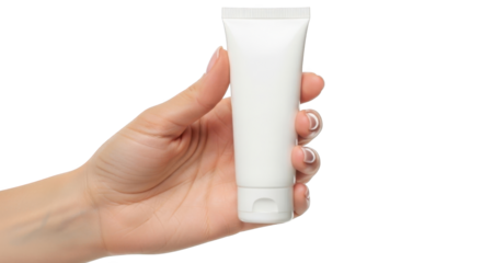 Hand holding white cosmetic tube isolated on transparent background, png