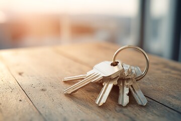 A set of keys sits on a rustic wooden table, catching the glow of a warm sunset. The soft light creates a serene atmosphere, perfect for reflection in the evening