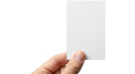 Hand holding blank vertical white card isolated on transparent background, png