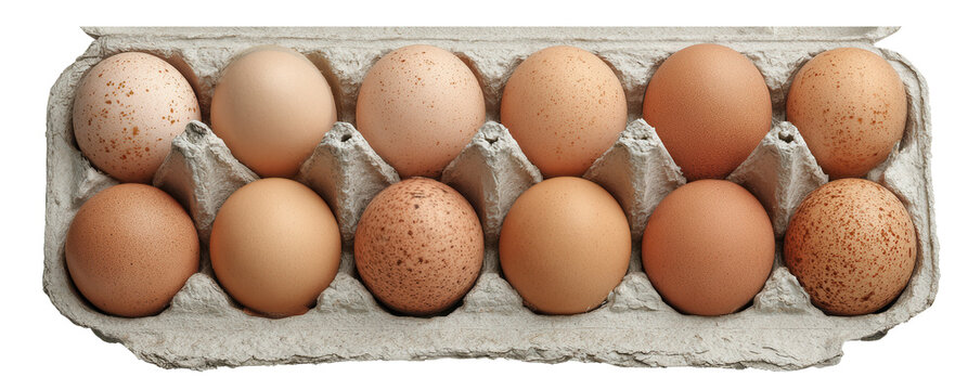 Fresh farm eggs in various shades arranged neatly in an egg carton for display